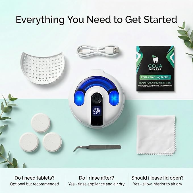 Retainer Cleaner Machine Pod PRO | 48kHz Ultrasonic Dental Pod for Mouthguard Dentures &amp Aligners | UV Light | 3 Cleaning Modes | Tablets Included