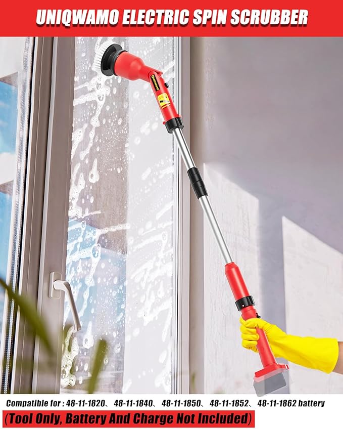 Electric Spin Scrubber Compatible for Milwaukee 18V Battery(Battery NOT Included) 1000 RPM Battery Powered Scrubber with Adjustable Extension Arm &amp 8 Brushes &amp Gloves for Tub/Tile/Floor