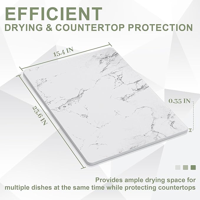 Large Stone Drying Mat for Kitchen Counter 24 × 16 Diatomite Dish Drying Mat Quick Dry Stone Mats Ultra Absorbent Natural Diatomaceous Earth Mats for Dished Bottles White Marble