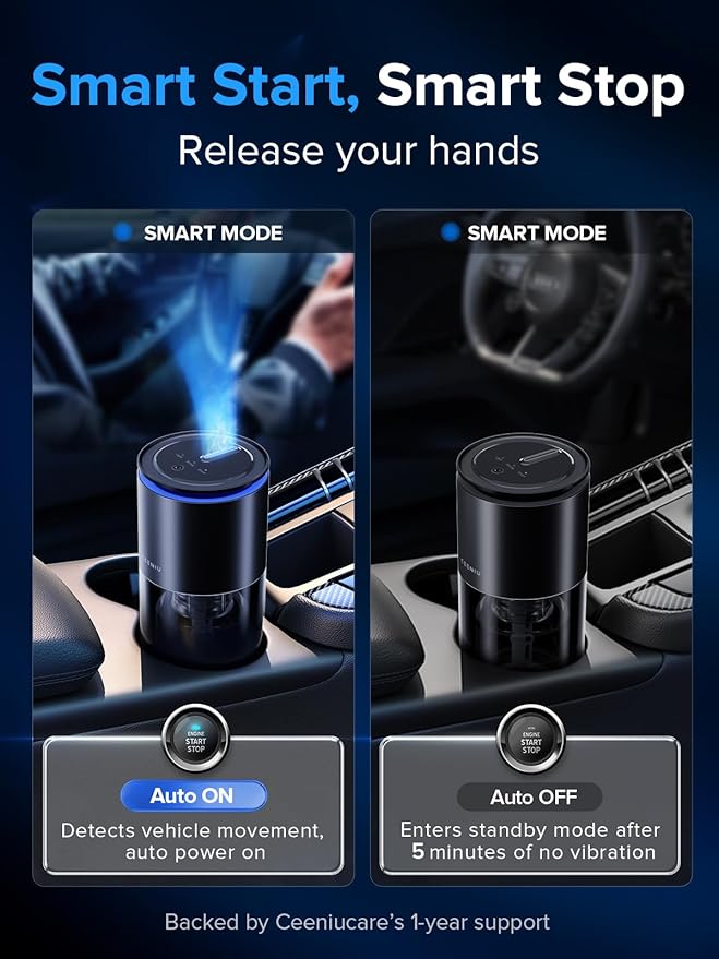 Ceeniu Smart Car Air Freshener New Car Smell Scent Enlarged Spray Nozzle Advanced Ultrasonic Diffuser CF12 Pro Auto On/Off Adjustable Mode 60-Day Powerful Battery Ambient Light Lasts 4 Months