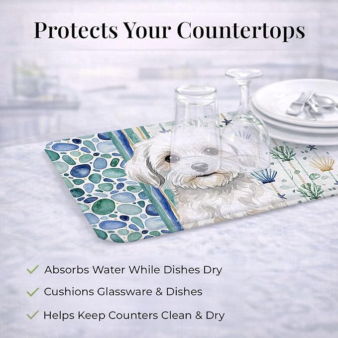 Caroline's Treasures Maltese Coastal Sea Glass Dish Drying Mat Absorbent Dish Drying Mat Pad for Kitchen Counter Dish Drainer Mat for Countertop 14 x 21 Multicolor