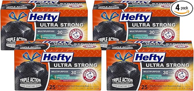 Hefty Ultra Strong Multipurpose Trash Bags Black Large Flexible with Drawstring White Pine Breeze Scent 30 Gallon 25 Count Per Pack (Pack of 4)