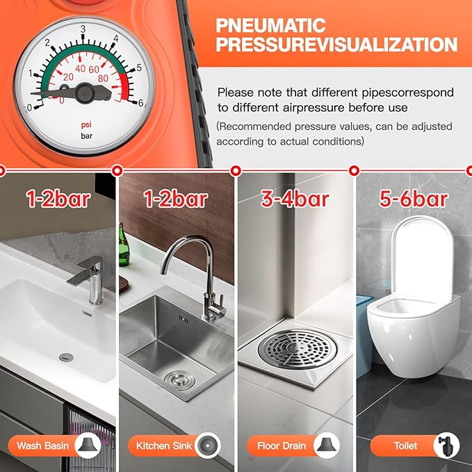 Electric toilet plungerToilet Auger with Pressure Gauge Electric Drain Snake for Clogged Toilet High-Pressure Toilet Auger plungers for bathroomPneumatic Toilet Auger Tool