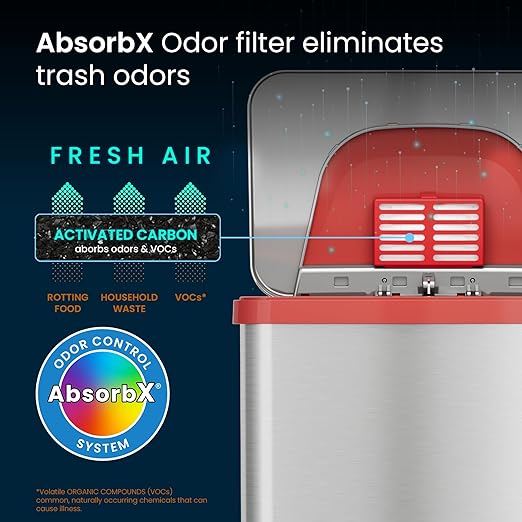 iTouchless 13 Gallon Automatic Step Sensor Trash Can with Odor Control System Stainless Steel Kitchen Pedal Touchless Garbage Bin Powered by Batteries or AC Adapter (not Included) Autostep Red Mo