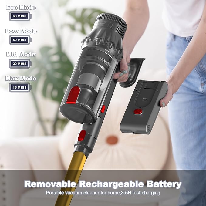 Cordless Vacuum Cleaner Vacuum Cleaners for Home 50KPA 500W Stick Handheld Pet Hair Hardwood Floor Vac High Power Hand Held Rechargeable Battery Portable Household Lightweight Vac C11 Gold