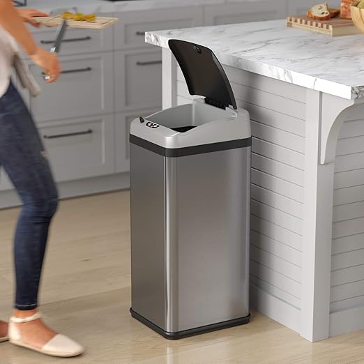 iTouchless 13 Gallon Automatic Touchless Sensor Kitchen Garbage Can with AC Adapter and Odor Filter Deodorizer Includes Waterproof Reusable Vinyl Trash Sticker Stainless Steel/13 Gal