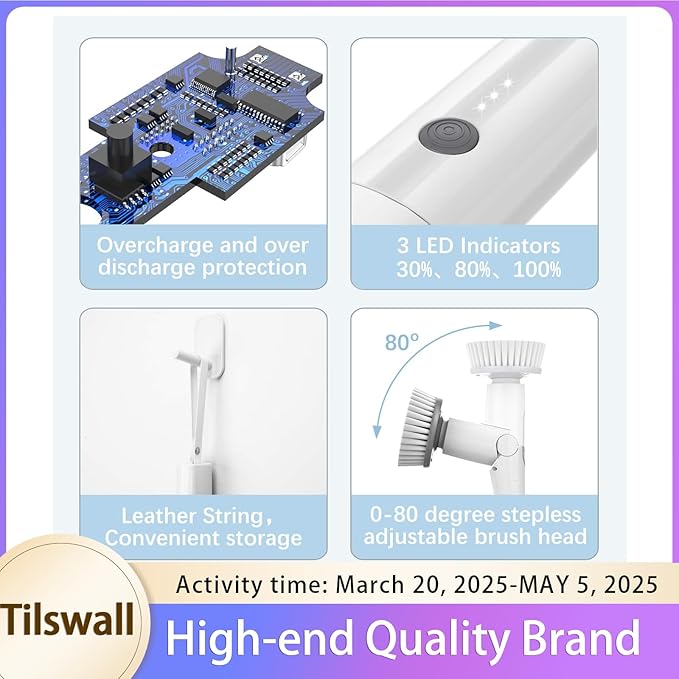 Tilswall Cordless Electric Spin Scrubber - IPX7 Waterproof Cleaning Brush with 180Min Runtime &amp 43 Extendable Handle Ideal Gift for Home/Bathroom/Car (Includes 4 Brush Heads)