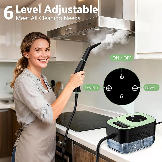 Steam Cleaner Portable Steamer for Cleaning with 16pcs Accessories 6-Level Adjustable 15s Heat-Up Handheld Steam Cleaner for Home for Tile Grease Dirt Grout Car Detailing Green