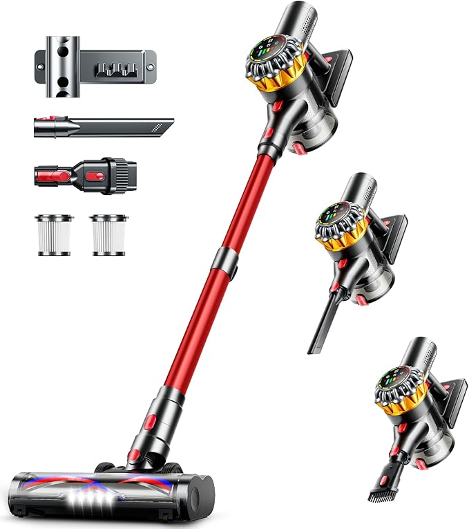 Cordless Vacuum Cleaner 550W 45Kpa 65mins Vacuum Cleaners for Home Stick Vacuum with Self-standing LED Display Anti-Tangle Brush 8-in-1 Lightweight Wireless Vacuum for Pet Hair Carpet Red