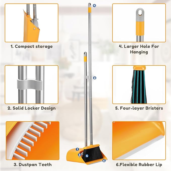 Broom and Dustpan Set with Long Handle 52 Standing Broom and Dust Pan Set for Home Kitchen Room Office Lobby Yellow