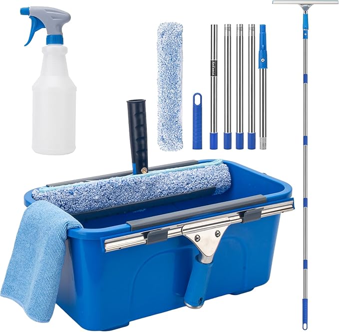 Window Cleaning Kit with 6ft Long Handle 3 Gallon Bucket14 Squeegee15 Microfiber ScrubberSpray Bottle ClothProfessional Window Washing Equipment Cleaner Tool for Outdoor Commercial Household