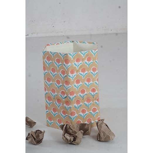 Floral Hand Block Printed 3.3 Gallon Decorative Waste Basket – Eco-Friendly Cardboard Trash Can Plastic-Free &amp Sustainable Perfect for Christmas and Housewarming Gifts (1 Yellow Blue FLOWAR)