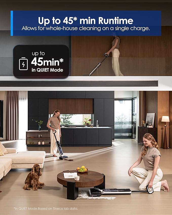 Tineco Floor ONE S6 Master Wet Dry Vacuum Cleaner 20kPa Suction Vacuum Mop with Dual-Edge Cleaning 45 Min Runtime (Quite Mode) 185°F Flashdry 4inch Ultra-Slim