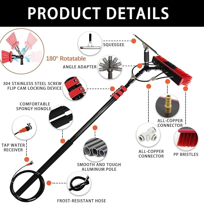 Extendable Telescopic Window Cleaning Brush 3-18M Water Fed Pole Aluminium Cleaner for Solar Panels 35Cm Brush for Efficient Cleaning(20FT/6M)