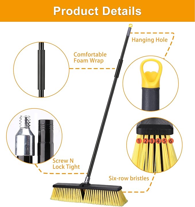 KeFanta 18 Inches Push Broom Outdoor- Heavy Duty Broom with 63 Long Handle for Deck Driveway Garage Yard Patio Warehouse Concrete Floor Cleaning