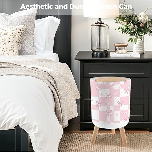 Bathroom Trash Can with Lid Pink White Checkered Seamless Daisies Bows for Cute Feminine Designs Garbage Bin Waste Basket for Kitchen Office Bedroom Decoration Diaper Pail 1.8 Gallon