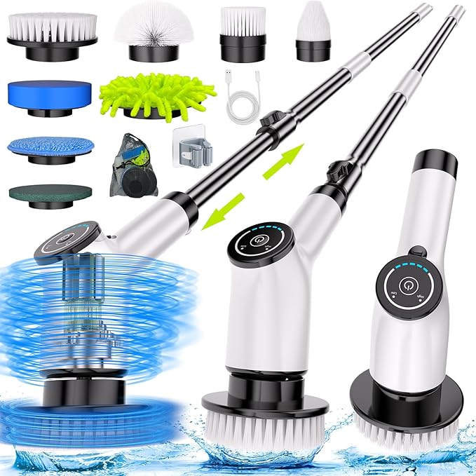 Electric Spin Scrubber Cordless Cleaning Brush with 8 Replaceable Brush Heads and Adjustable Extension Handle Power Scrubber Dual Speed Shower Scrubber for Tub Tile Floor Bathroom Kitchen Car