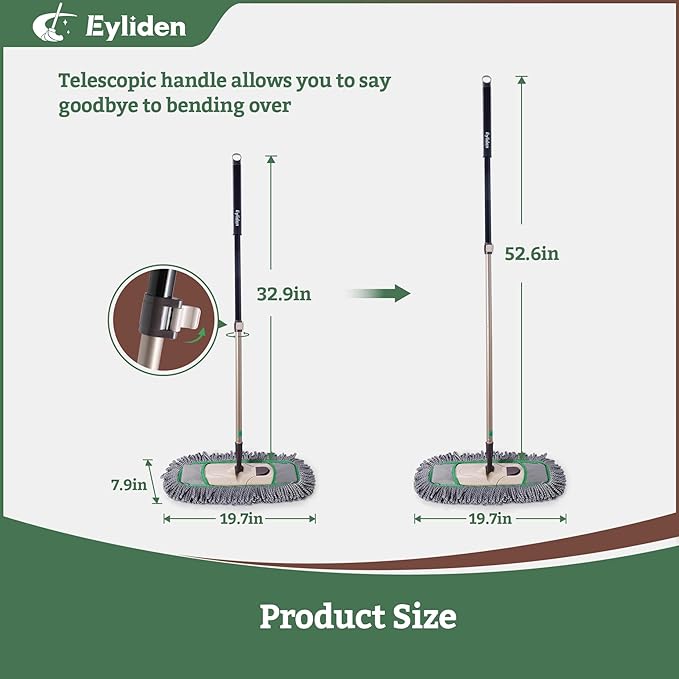 Eyliden Pro Dust Mops for Floor Cleaning - Total 3 Washable Microfiber Pads One-Click Replacement Telescopic Handle Professional Design for Floors &amp Pet Hair (Grey+Green)