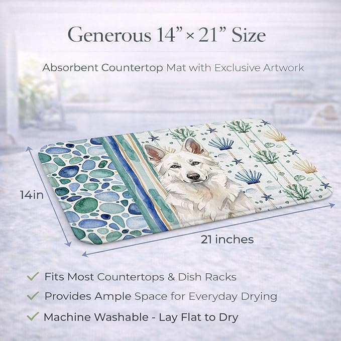 Caroline's Treasures White German Shepherd Coastal Sea Glass Dish Drying Mat Absorbent Dish Drying Mat Pad for Kitchen Counter Dish Drainer Mat for Countertop 14 x 21 Multicolor