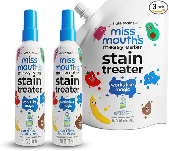 Miss Mouth's Messy Eater Stain Treater - 4oz 2-Pack Spray &amp 16oz Refill Pouch - Laundry Spot Cleaner for Baby Clothes Carpet &amp Fabric