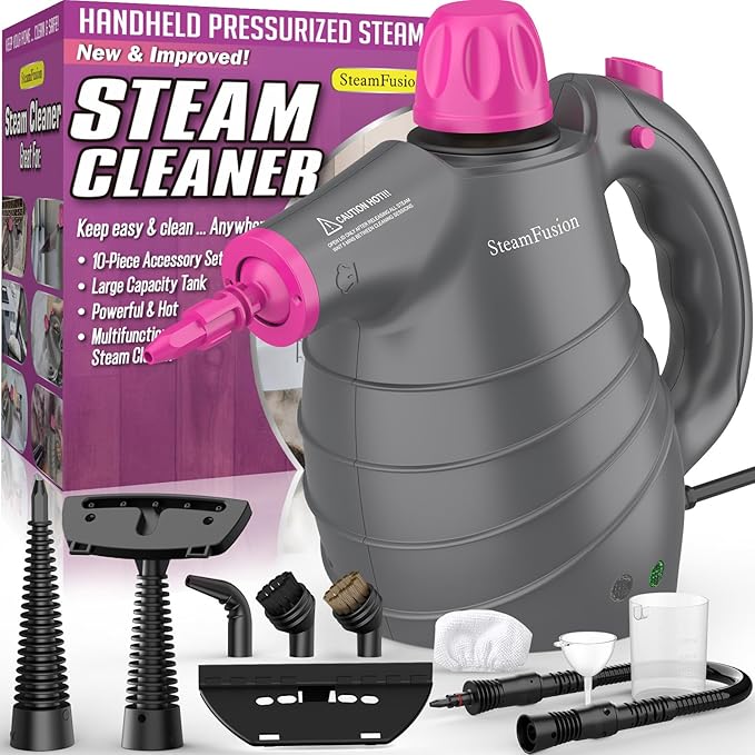 Multi-Surface Pressurized Handheld Steam Cleaner – 10-Piece Accessory Kit with Safety Lock | Natural Deep Cleaning for Home Kitchen Bathroom &amp More + Household Cleaning Gloves