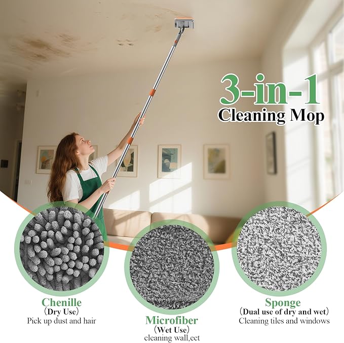 Ceiling Fan Cleaner Duster - 79 Extension Pole &amp Dual Brush Heads Baseboard Cleaner Tool with Handle 4-in-1 Reusable Fan Blade Cleaner Ceiling Fan Duster for Fan Blades Baseboards Corners