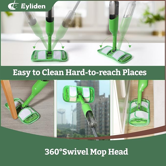 Eyliden Spray Mop - Design for Small Spaces | 12 Disposable Cloths 1 Reusable Pad 13 oz Refillable Bottle | Wet Mops for Apartments and Dorms Floors Lock Tight Design No Lost Pads - Swivel Head