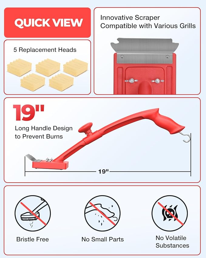 Grill Brush Bristle Free Safe Non Metal Wire with Scraper 5 Replacement Heads Steam Grilling Grate Cleaning Tool Wireless Bbq Cleaner Accessory Kit Set Outdoor Cast Iron Barbecue/Barbeque Scrubber