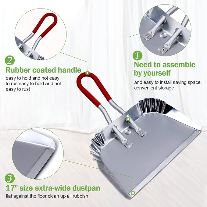 TOP DOG Metal Dustpan 17” Aluminum Dust Pans Heavy Duty Does not Chip or Bend Sheet Metal Edge Flat Against Floor for Small Item Sweeping Rubber Coated Easy to Grasp Handle (1pcs)
