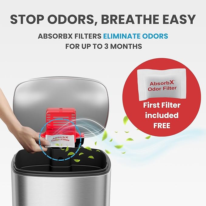 iTouchless 13.2 Gallon SoftStep 2.0 Kitchen Trash Can with AbsorbX Odor Absorber Large Stainless Steel Step Pedal Garbage Bin with Next Gen Quiet Close Lid Technology for Home Office Business Garage