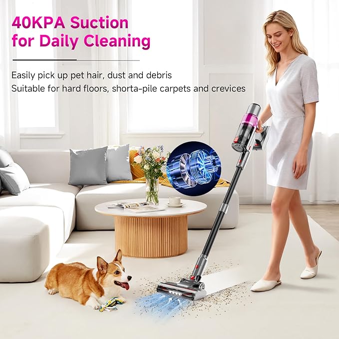 Cordless Vacuum Cleaner: Portable 6-in-1 Stick Vacuum with Anti-Tangle Brush LED Headlight Self-Standing HD Display Rechargeable Vacuum for Pet Hair Low-Pile Carpet and Hardwood Floor-Purple