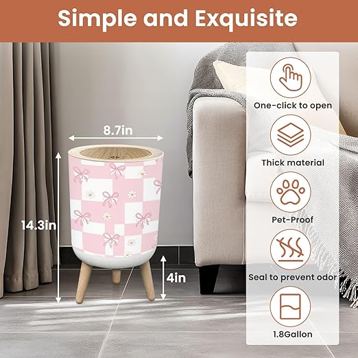 Bathroom Trash Can with Lid Pink White Checkered Seamless Daisies Bows for Cute Feminine Designs Garbage Bin Waste Basket for Kitchen Office Bedroom Decoration Diaper Pail 1.8 Gallon