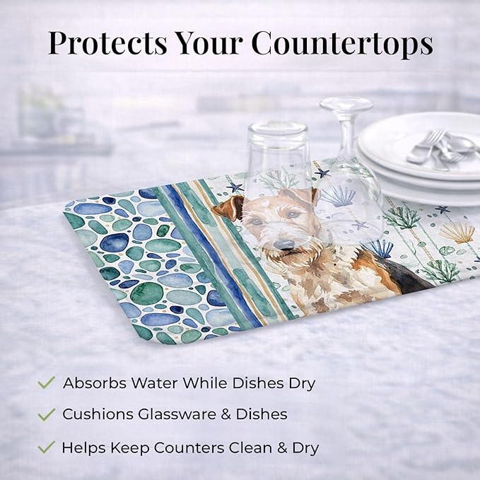 Caroline's Treasures Wire Fox Terrier Coastal Sea Glass Dish Drying Mat Absorbent Dish Drying Mat Pad for Kitchen Counter Dish Drainer Mat for Countertop 14 x 21 Multicolor