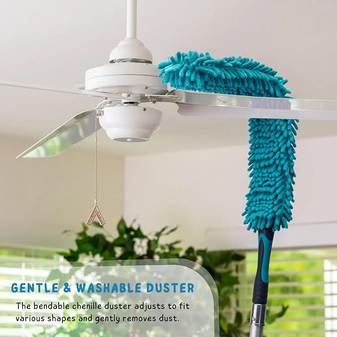Cobweb Duster with 5-12 Ft Extension Pole Spider Web Brush with Long Telescoping Pole for 20 Feet Reach Window Cleaning Squeegee with Scrubber High Ceiling Fan Dusters