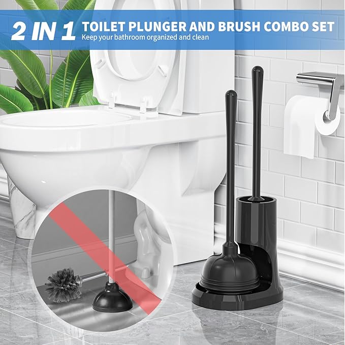 uptronic Toilet Plunger and Brush2 Pack Bowl Brush and Heavy Duty Toilet Plunger Set with Holder 2-in-1 Bathroom Cleaning Combo with Modern Caddy Stand for 5.7-inch Toilet Drain Bathroom Cleaning