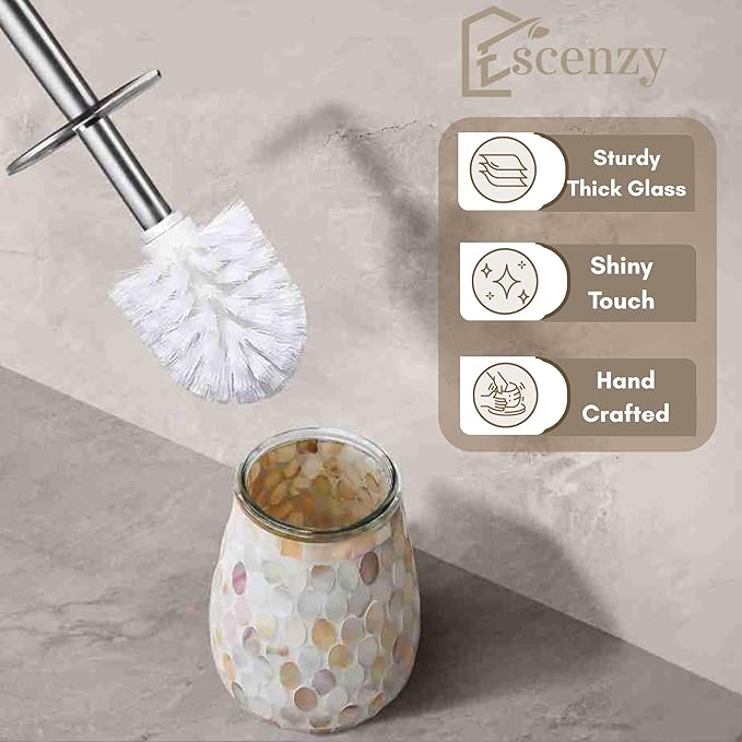 Escenzy Modern Toilet Brush and Holder Set | Natural Shell Mosaic Glass | Non-Rustic Stainless Steel | Practical &amp Decorative Toilet Bowl Brush and Holder | Luxury Bathroom Accessories