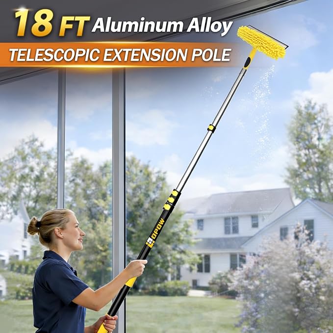 24FT High Reach Window Squeegee with Extension Pole 2-1 Window Washing Kit with 5-Stage Telescopic Pole &amp Rotatable Head No-Ladder Window Cleaner for High Window Solar Panel RV &amp Outdoor G