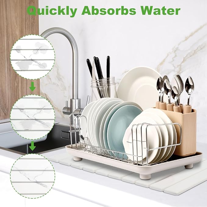 Large Stone Drying Mat for Kitchen Counter - 24x16Quick Drying Fast Absorbent Non-Slip kitchen Dish Drying Mats Friendly Foldable Diatomaceous Earth Mats for Dishes CupsMatch Any Countertop