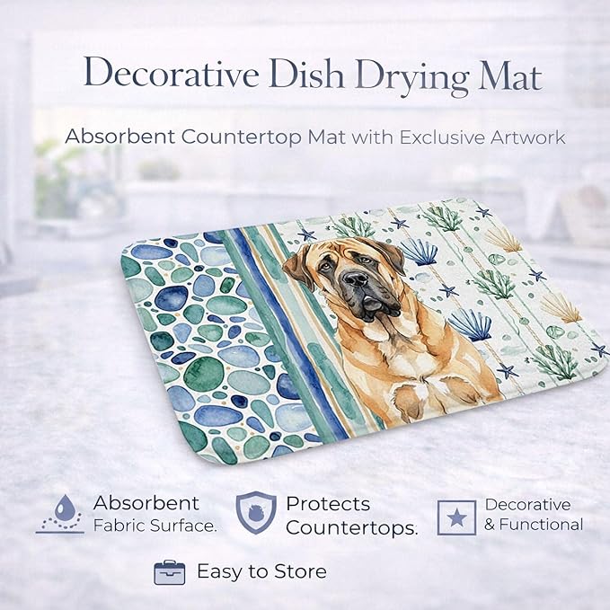 Caroline's Treasures Apricot English Mastiff Coastal Sea Glass Dish Drying Mat Absorbent Dish Drying Mat Pad for Kitchen Counter Dish Drainer Mat for Countertop 14 x 21 Multicolor