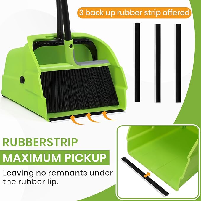 (3PK) Jumbo Commercial Broom and Dustpan Set with Large Standing Scoop Dustpan and Heavy Duty Broom Long Handle for Indoor/Outdoor Floor Cleaning Janitor Supplies