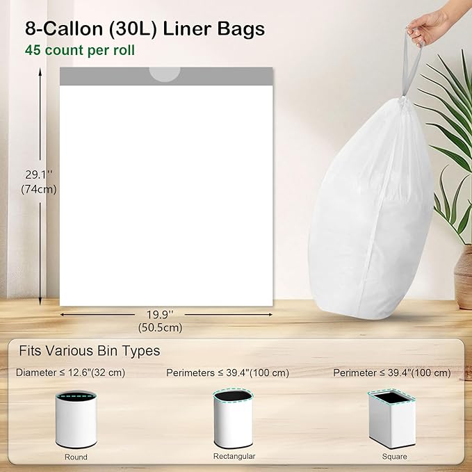 270 Count Heavy-Duty Trash Bags Compatible with SONGMICS 8-Gallon (30L) Trash Can Pre-Separated Drawstring Kitchen Garbage Bags Ideal for Home &amp Office 19.9 x 29.1 Inches 6 Rolls White