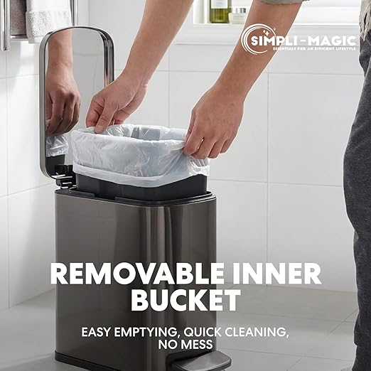 6L/1.6G Stainless Steel Bathroom Trash Can with Hands-Free Foot Pedal Quiet Soft-Close Lid Compact Space-Saving Size