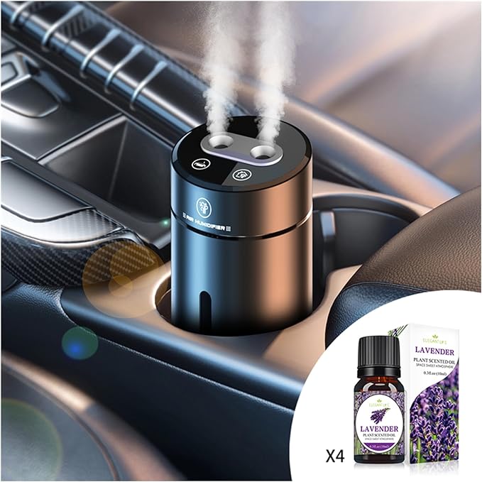 Smart Car Air Freshener Car Air Freshener Diffuser with Humidifier Auto On/Off 3 Mode Adjustable with 4 Essential Oils(Gun Color)