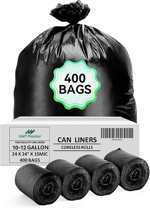 400 Count Heavy Duty Black Trash Bags 10-12 Gallon 24 x 24 Inch Large Garbage Bags 15 Micron Thick Strong Leak-Resistant Trash Can Liners for Home Office Kitchen Bathroom