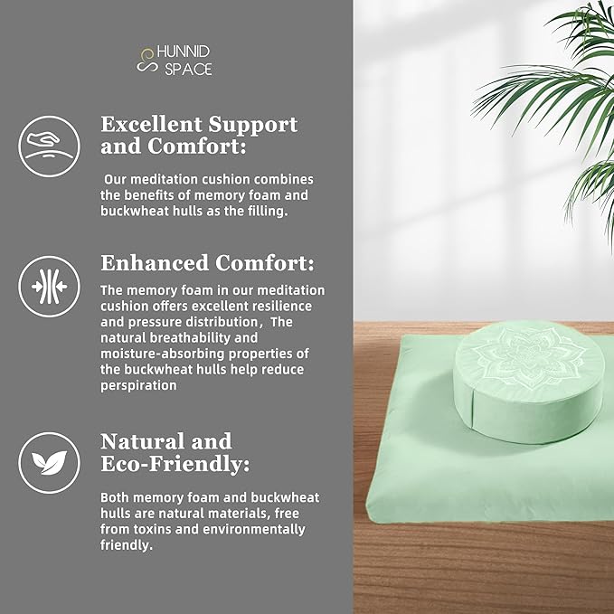 Meditation Zafu Cushion Set with Buckwheat Hulls &amp Memory Foam - Ergonomic Support for Yoga &amp Sitting - Removable Machine-Washable Luxury Velvet Cover - for Adults and Kids (Sage Green)