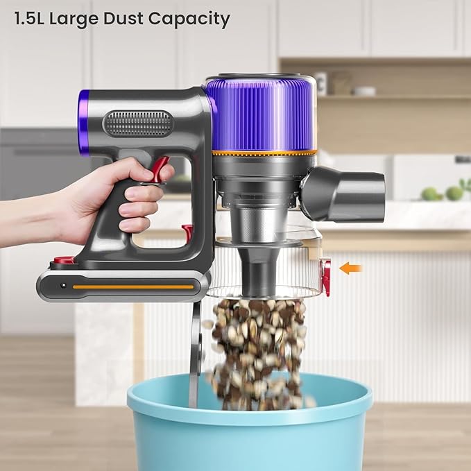 Cordless Vacuum Cleaner 650 W/55000 Pa/70 Mins Vacuum Cleaners for Homewith Touchscreen and Anti-Tangle Brush Vacuum Cleaner 1.5 L Dust Container 9-in-1 for Hard Floors Carpets and Pet Hair