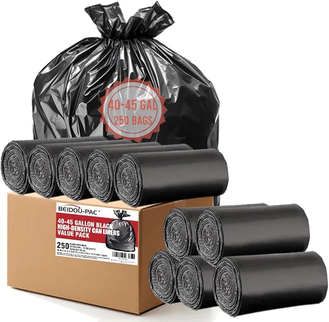 40-45 Gallon Lawn &amp Leaf Trash Bags 250 Count Bulk Black Garbage bags Multi-purpose Trash Can Bin Liners for Home Commercial Outdoor Construction Industrial