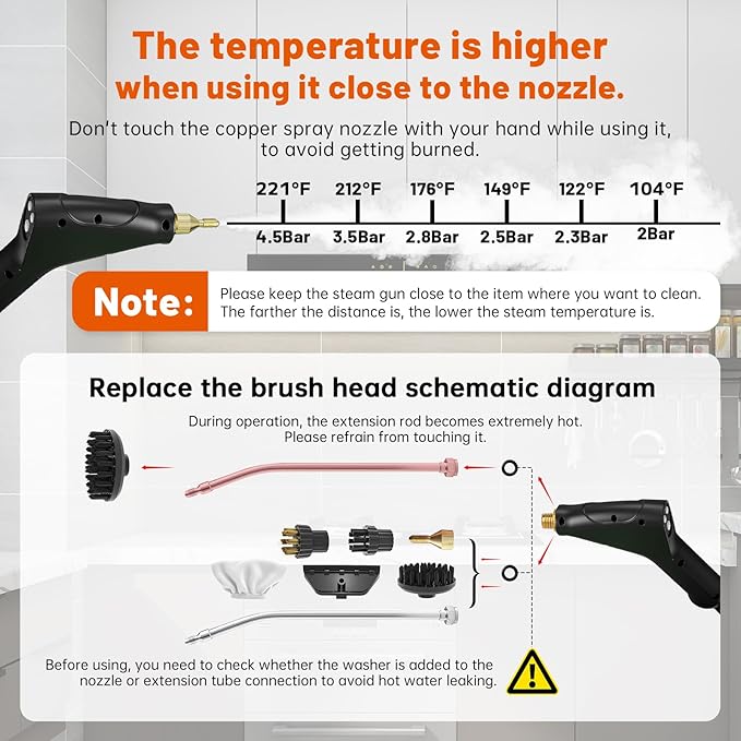 Pressurized Handheld Steam Cleaner Portable Steamer for Cleaning with 1.2L Large Tank 15s Fast Heat-Up 6-Level Adjustable Powerful Steam Cleaner for Home Car Kitchen Tile Grout(Black)