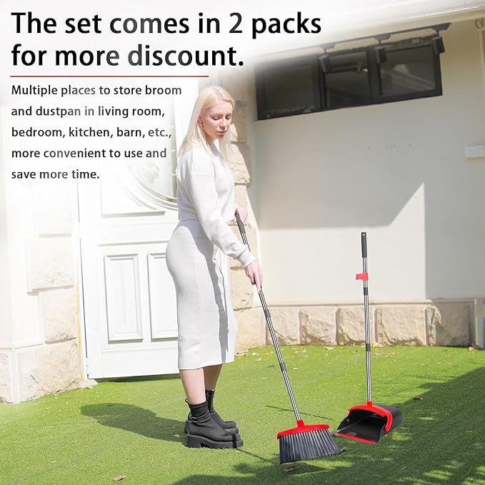 2-Pack is More economicalBrooms with Dustpan Combo Set with 52 Long Handle Dustpan Teeth with self-Cleaning Function Indoor and Outdoor Sweeping Perfect for Home Office (Large/Red /2-Pack)