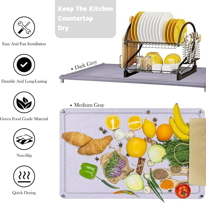 Large Diatomaceous Earth Stone Dish Drying Mats for Kitchen Counter24×16Quick Dryingwith 4 Non-Slip Stainless Steel Feet Suitable for Various Countertops Bowl Racks Medium Gray